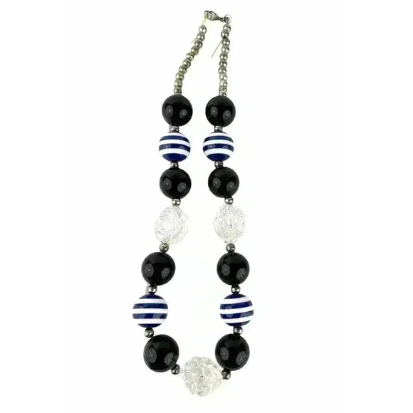 Round Chunky Big Lucite Bead Necklace Blue Black Clear Floral Design Silver Tone - Picture 4 of 8
